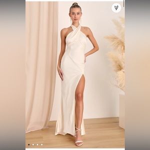 Satin Ivory Halter Top Maxi Dress With Slit